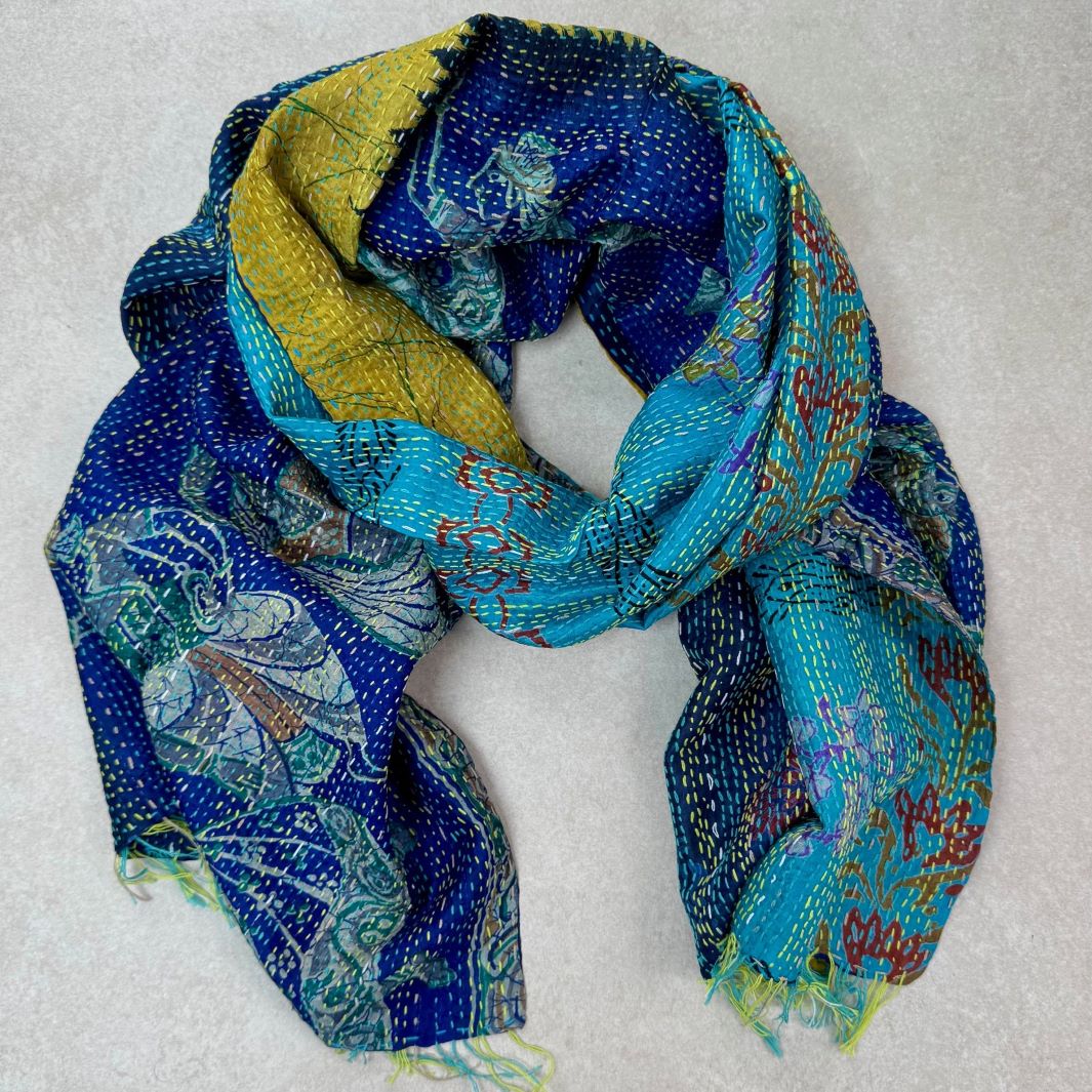 Shared Earth Upcycled Silk Kantha Stitch Scarf Fair Trade
