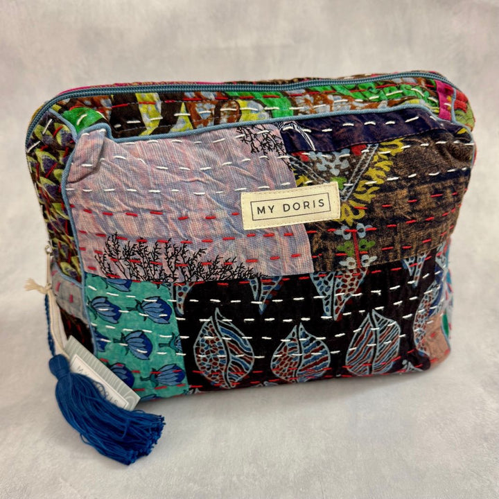 Large Upcycled Kantha Wash Bag - Blue Mix