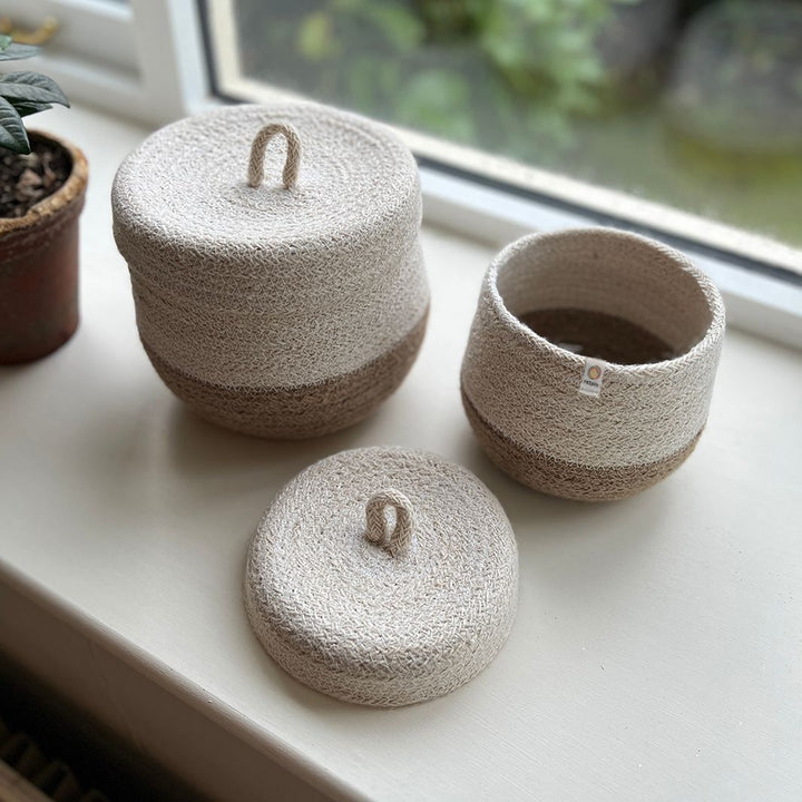Jute Lidded Basket Set - Natural/White