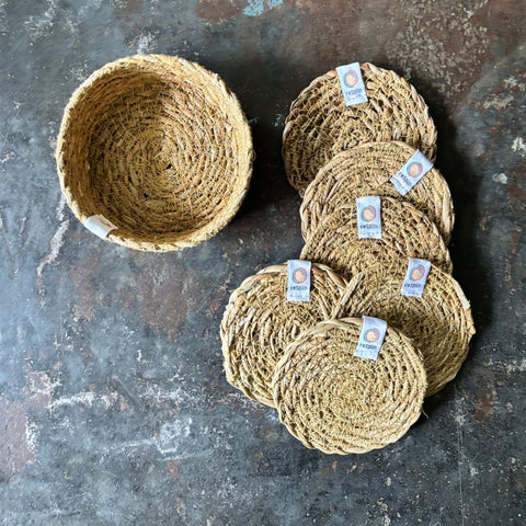 Seagrass Coasters with Holder - Set of 6 - Natural