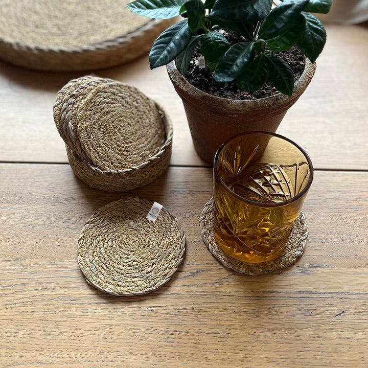 Seagrass Coasters with Holder - Set of 6 - Natural