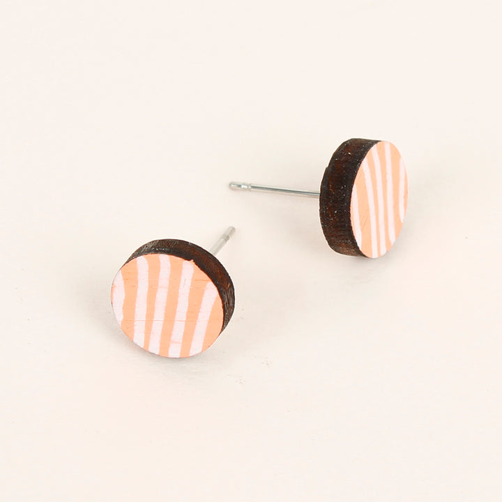 Stripe Wooden Stud Earrings - Neon Orange