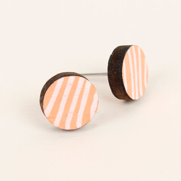 Stripe Wooden Stud Earrings - Neon Orange