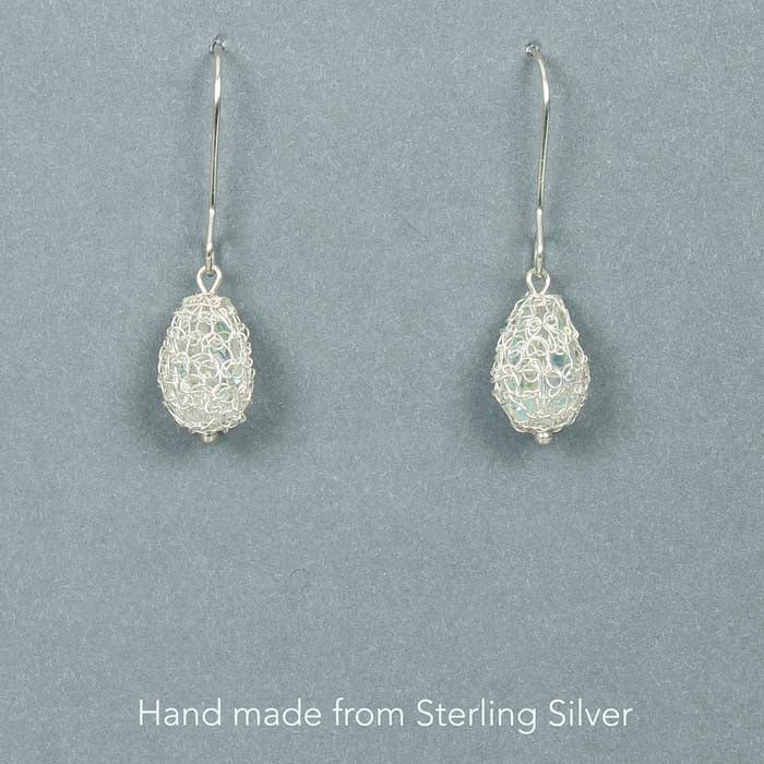 Cristabel Crocheted Silver Pear Drop Earrings - Green Tulip