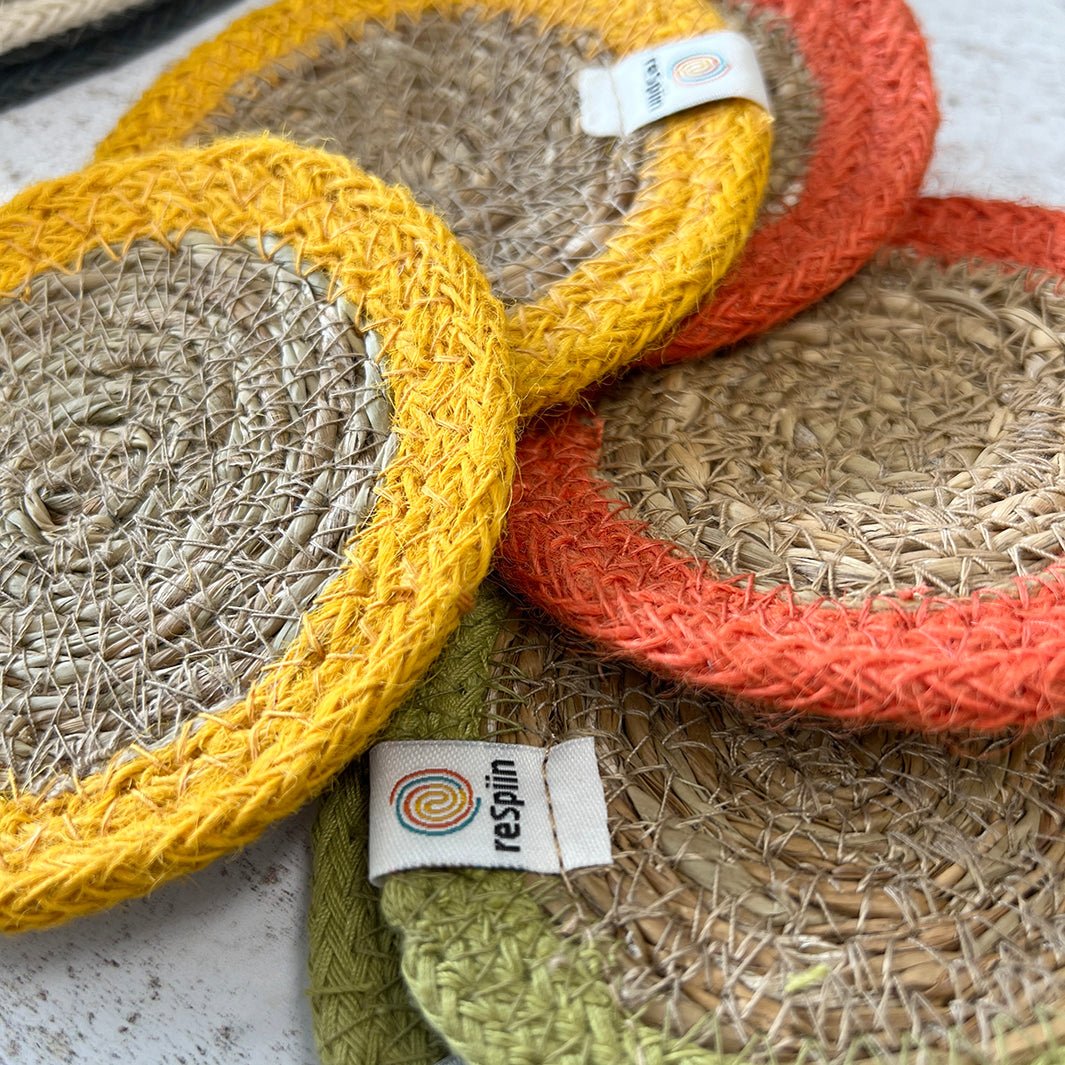 Set of 6 Seagrass & Jute Coasters - Brights - Green Tulip
