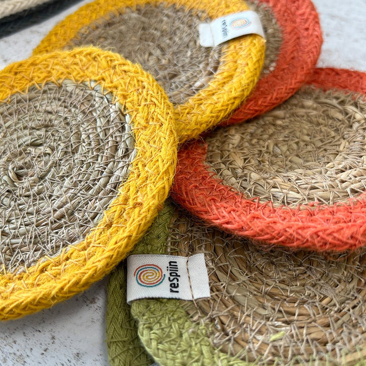 Set of 6 Seagrass & Jute Coasters - Brights - Green Tulip