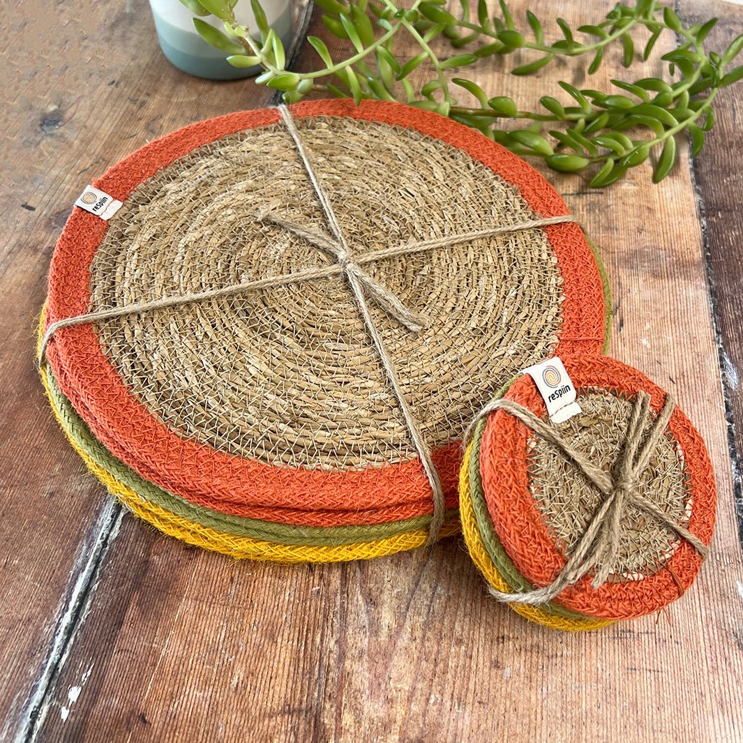 Set of 6 Seagrass & Jute Coasters - Brights - Green Tulip