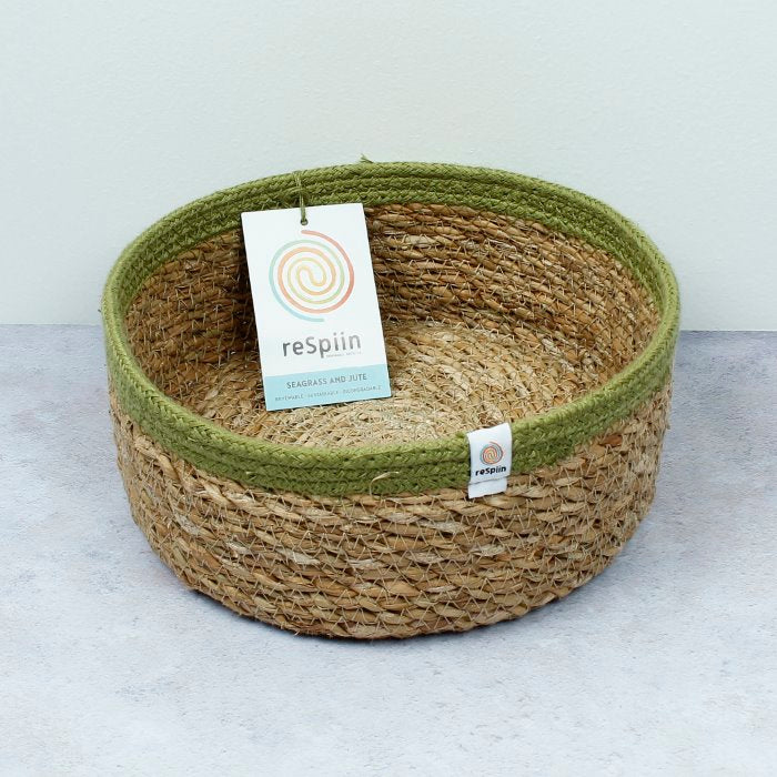 Shallow Seagrass/Jute Basket - Natural/Green - Medium