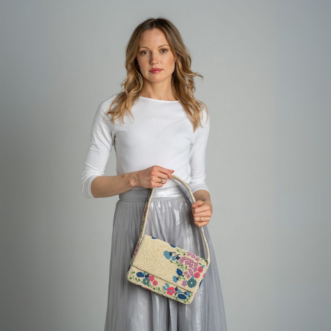 Hand-Beaded Cream Floral Shoulder Bag