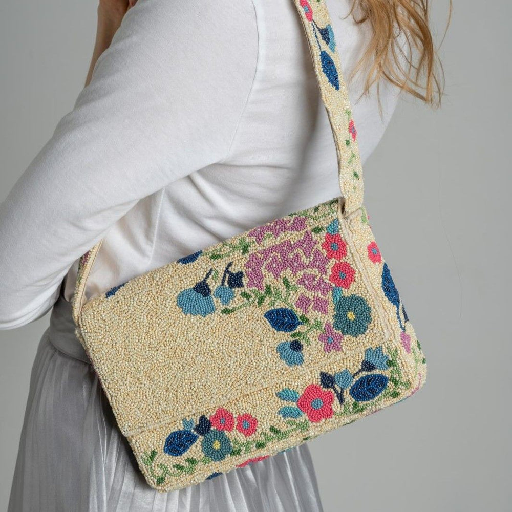 Hand-Beaded Cream Floral Shoulder Bag