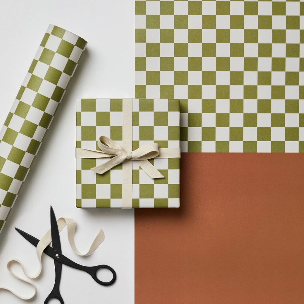 Green Checkerboard and Plain Cinnamon Gift Wrap