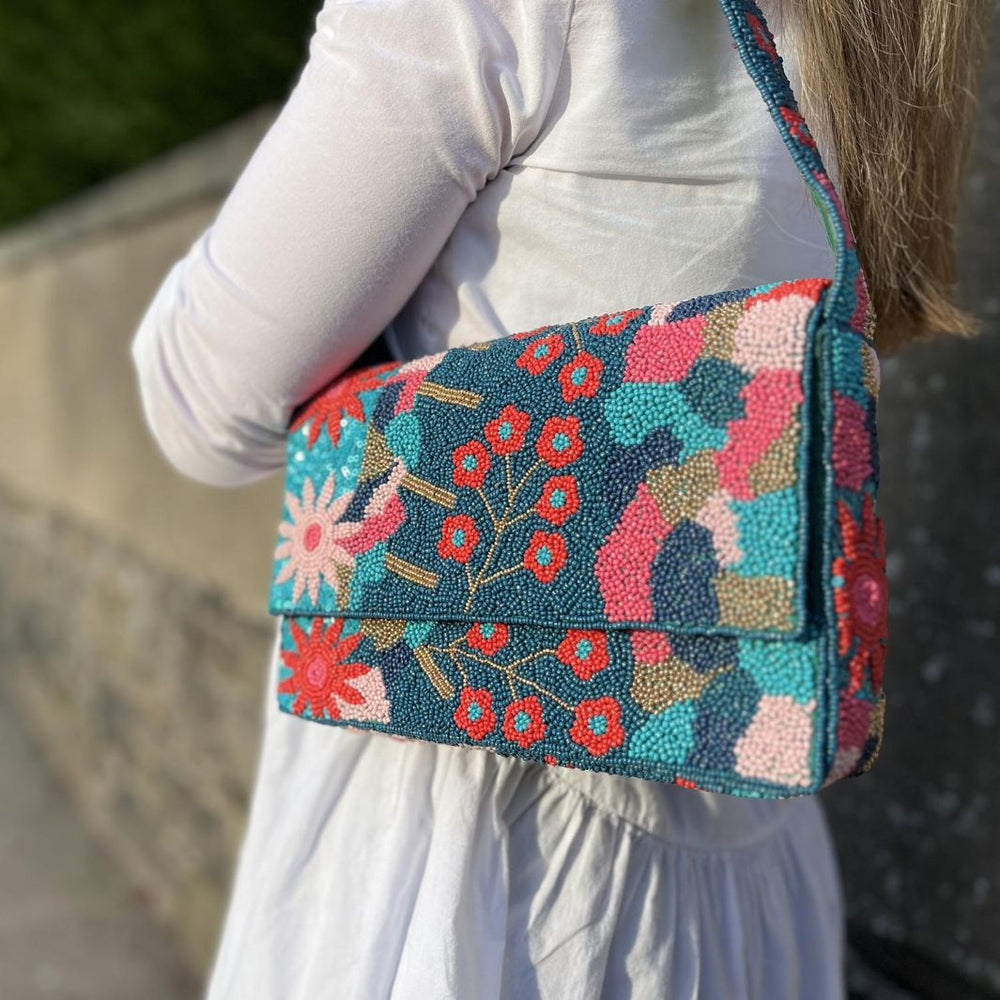Hand-Beaded Teal Floral Shoulder Bag