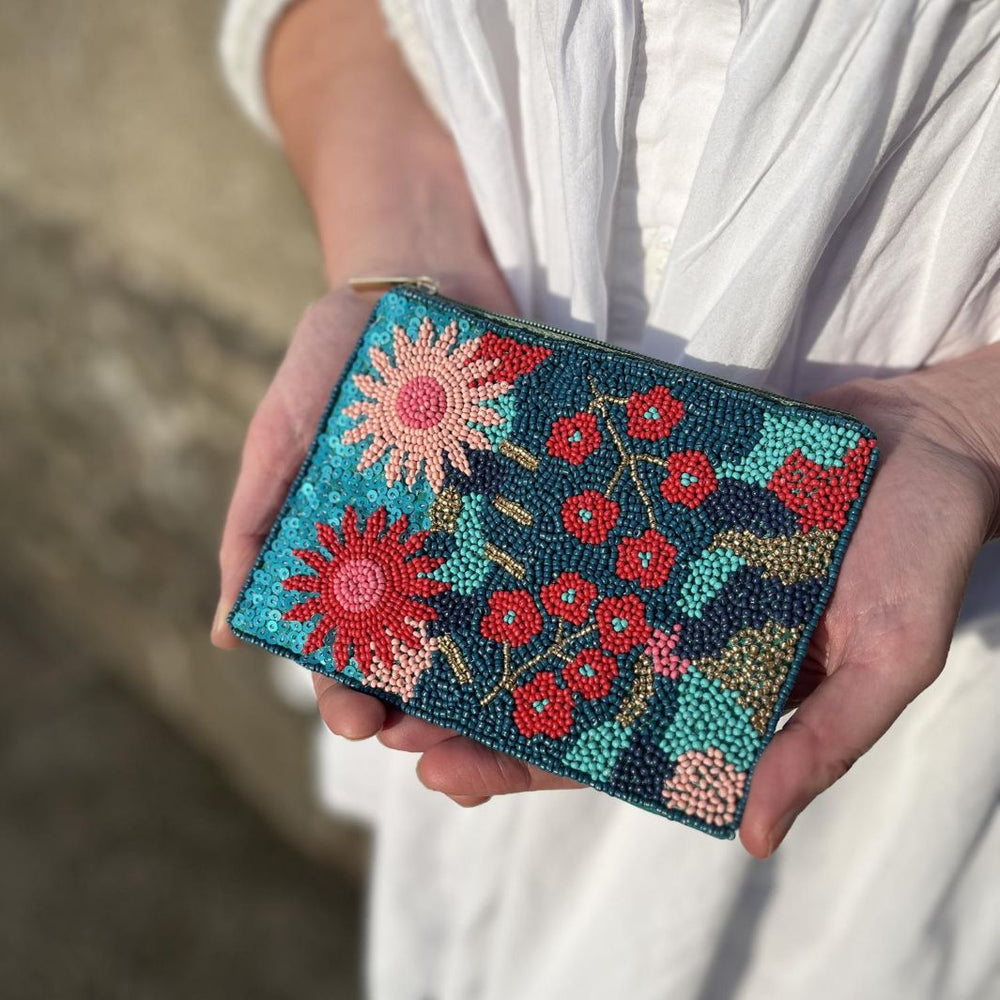 Hand Beaded Teal Floral Purse