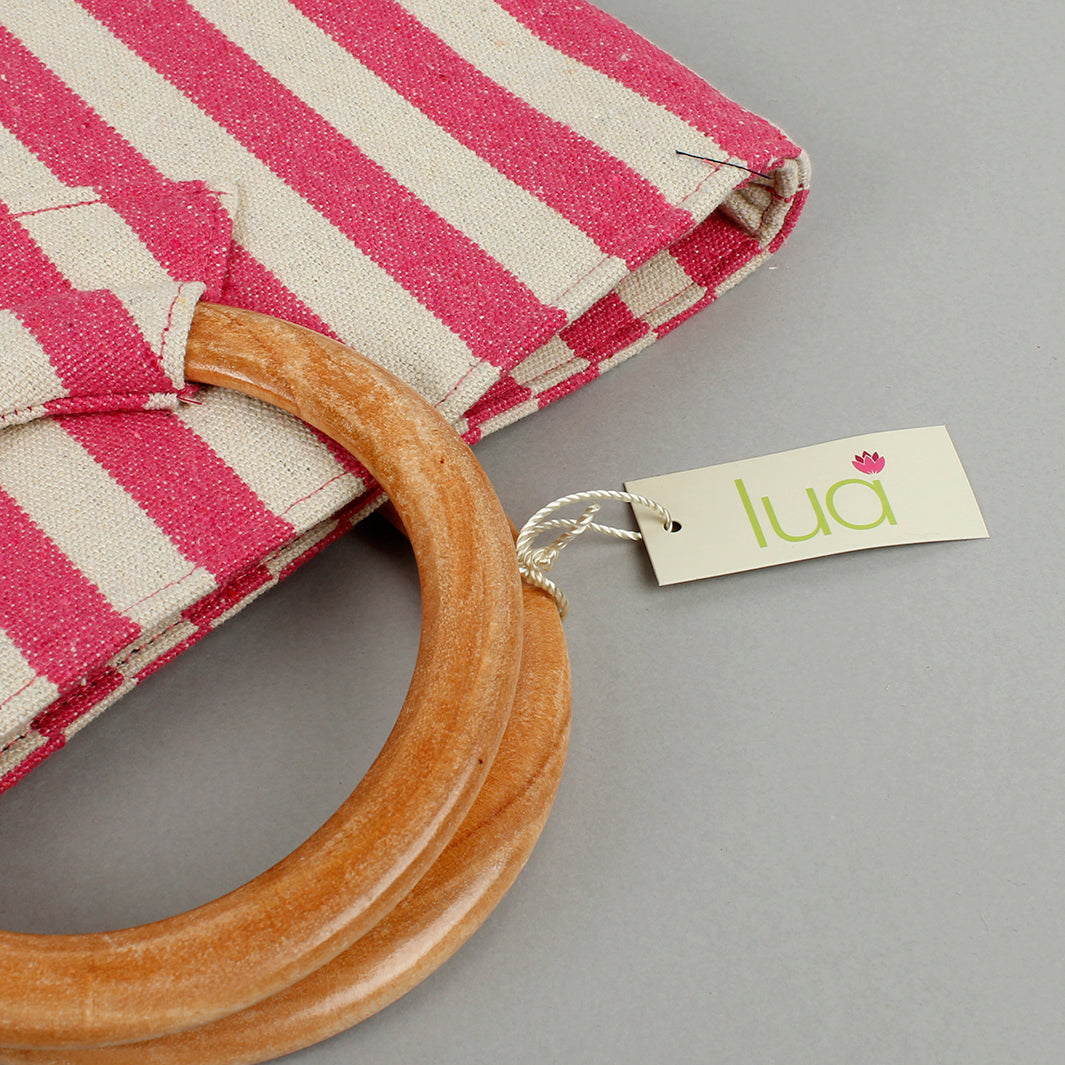 Canvas Pink Stripe Wood Handle Bag