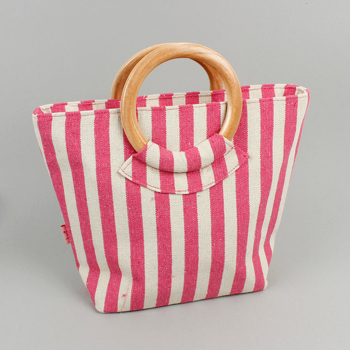 Canvas Pink Stripe Wood Handle Bag