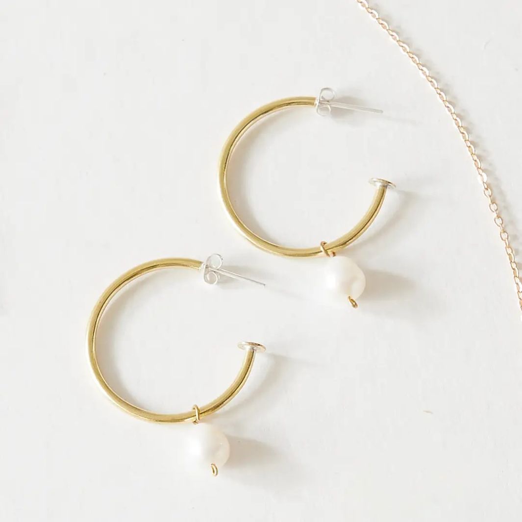 Pearl Brass Hoop Studs - Medium
