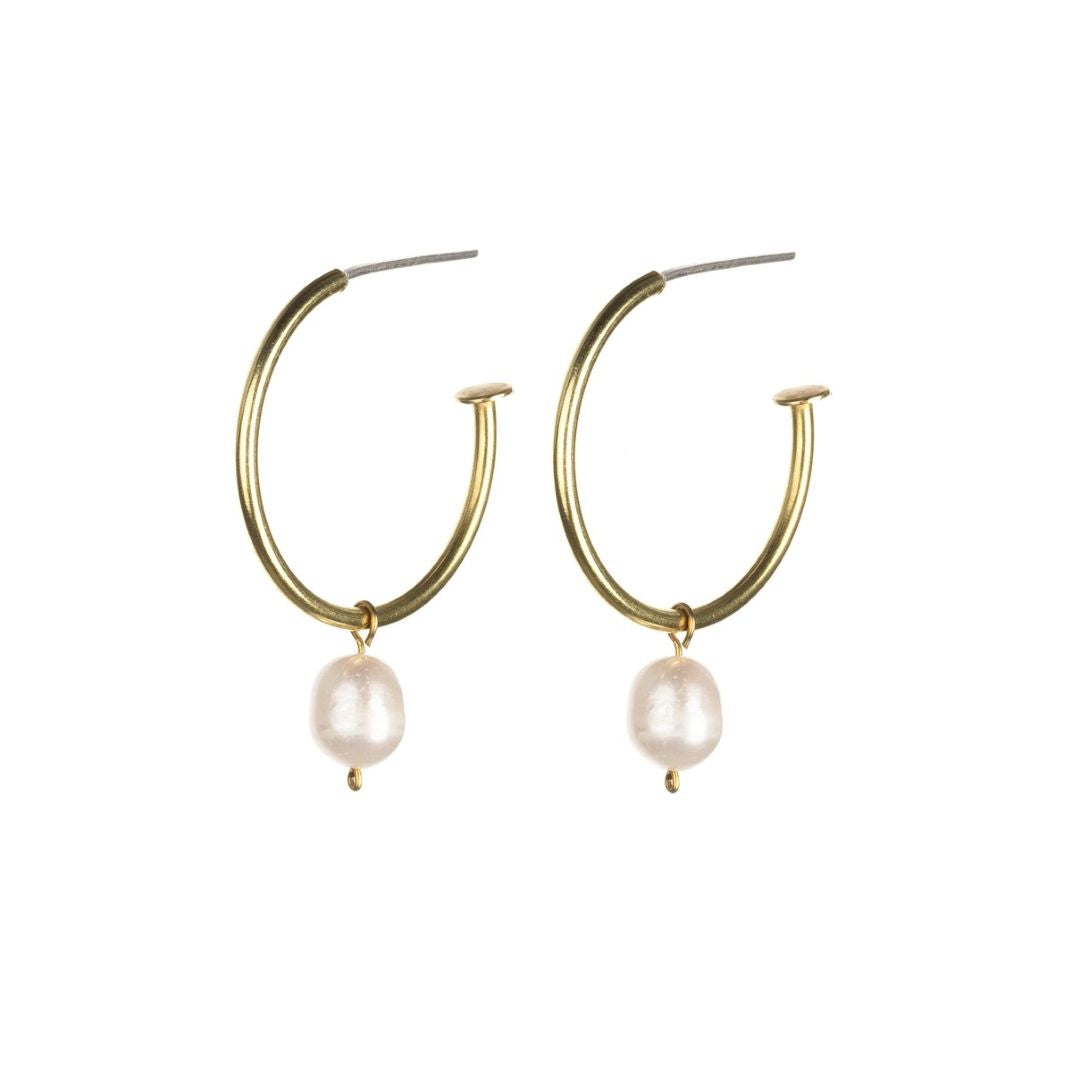 Pearl Brass Hoop Studs - Medium