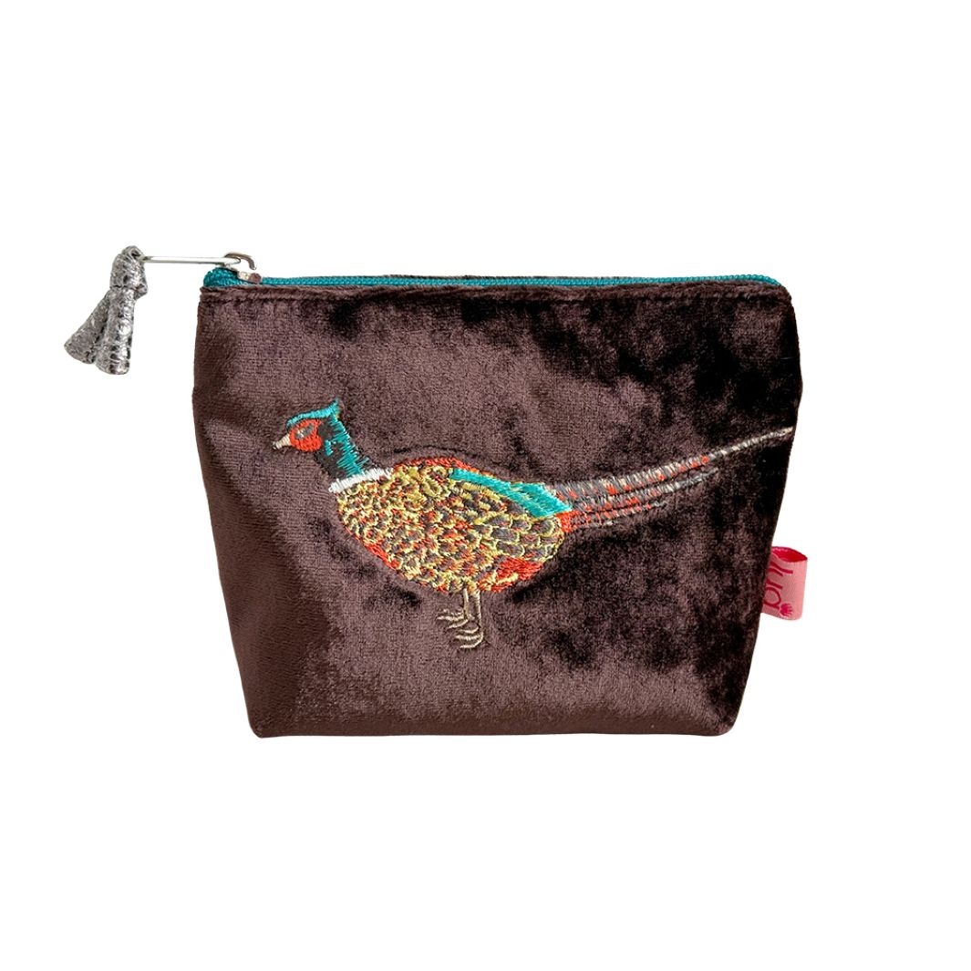 Velvet Embroidered Pheasant Mini Purse