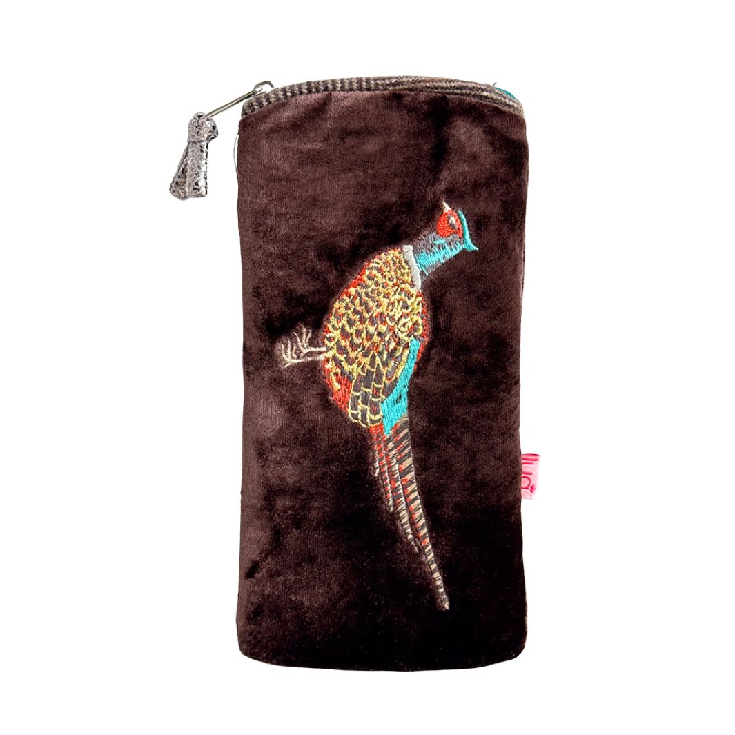 Velvet Embroidered Pheasant Glasses Purse