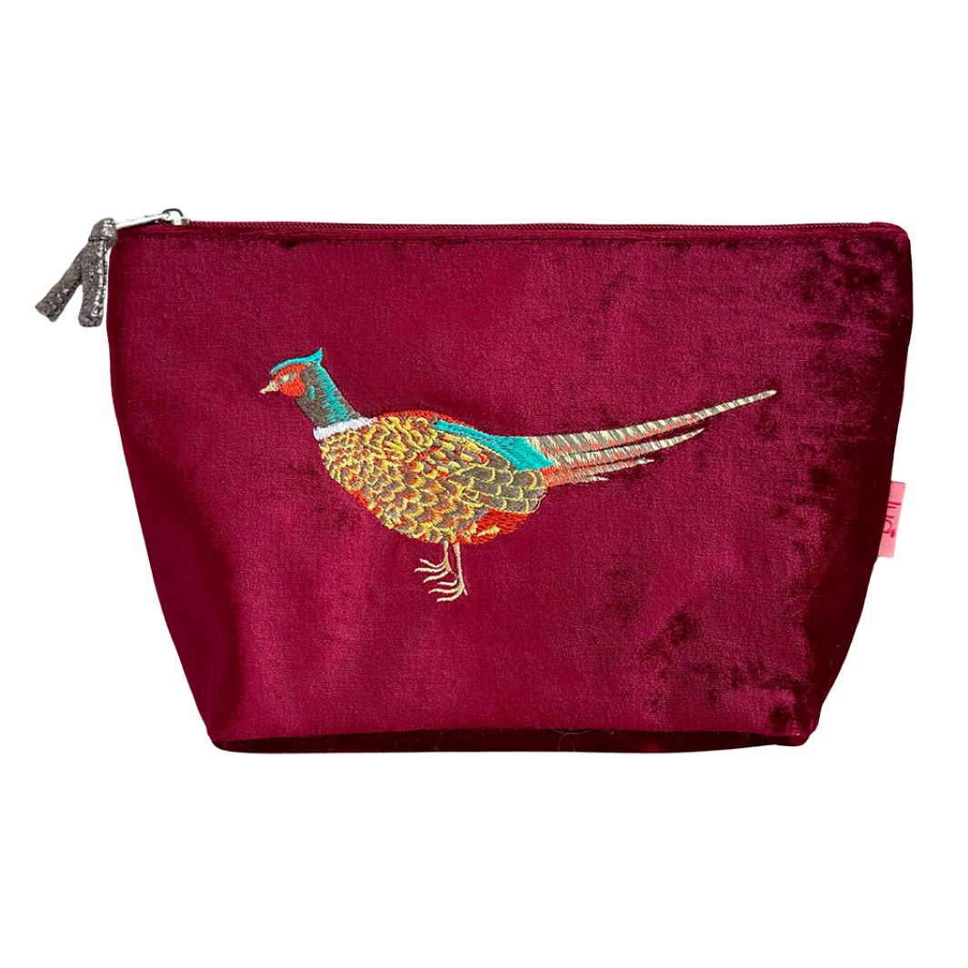 Velvet Embroidered Pheasant Cosmetic Purse