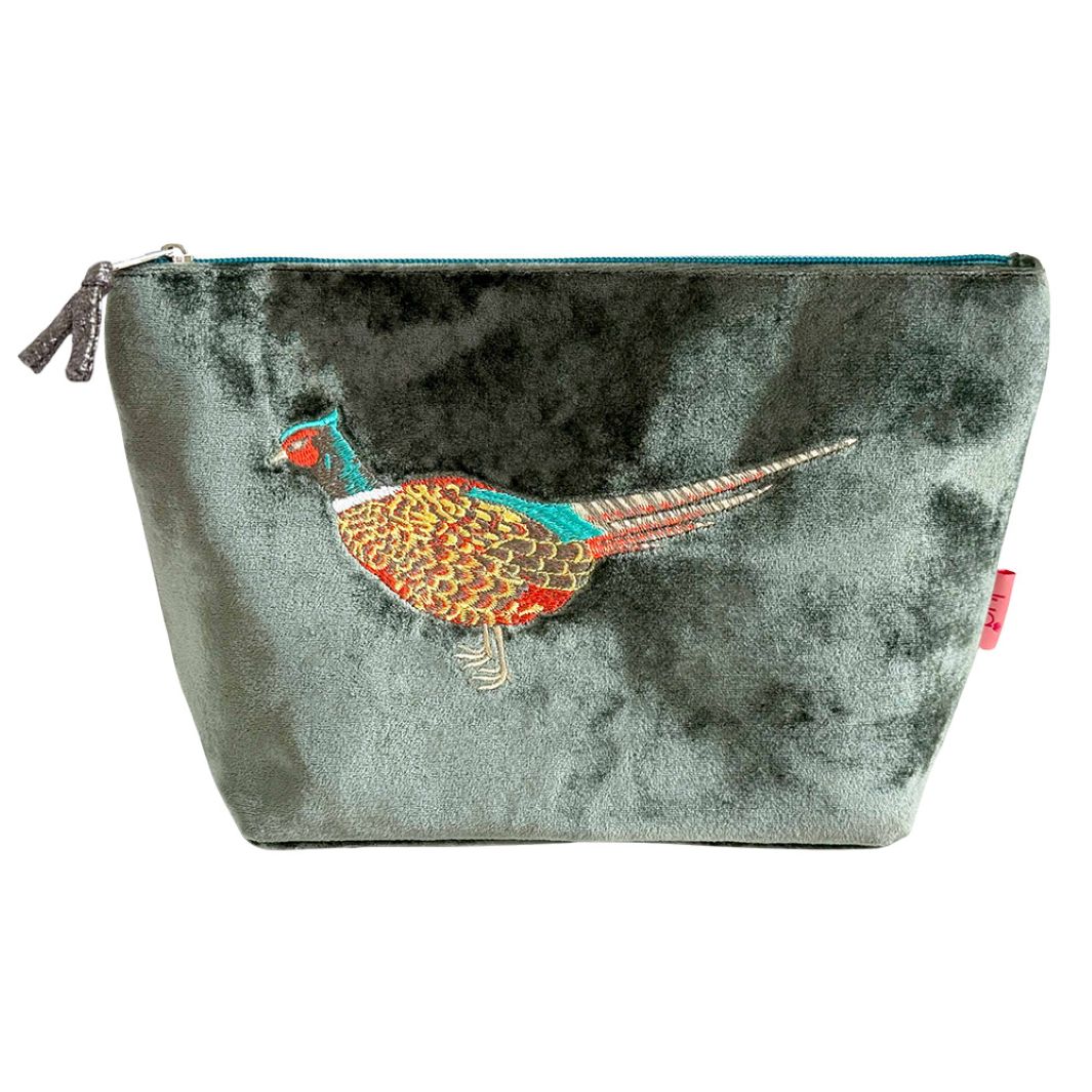 Velvet Embroidered Pheasant Cosmetic Purse