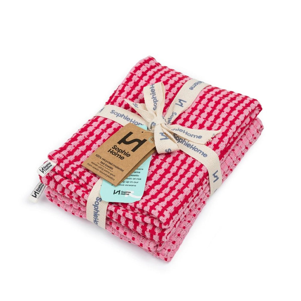 Recycled Cotton Mix Tea Towels - Pink/Red (Set of 2)