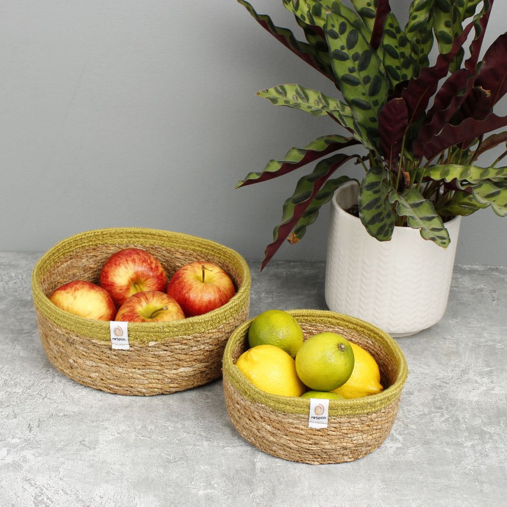 Shallow Seagrass & Jute Basket Set of 2 -  Natural/Green