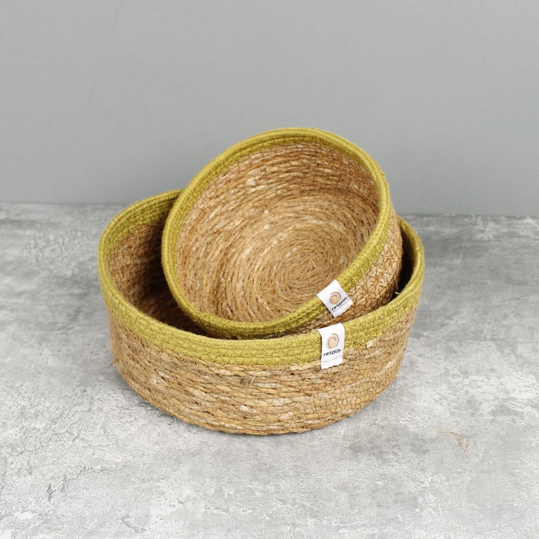Shallow Seagrass & Jute Basket Set of 2 -  Natural/Green