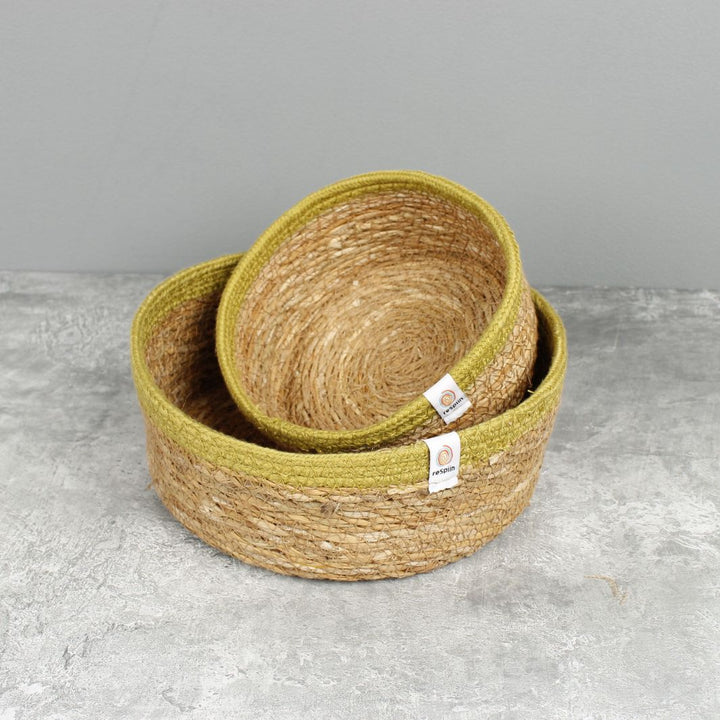 Shallow Seagrass & Jute Basket Set of 2 -  Natural/Green