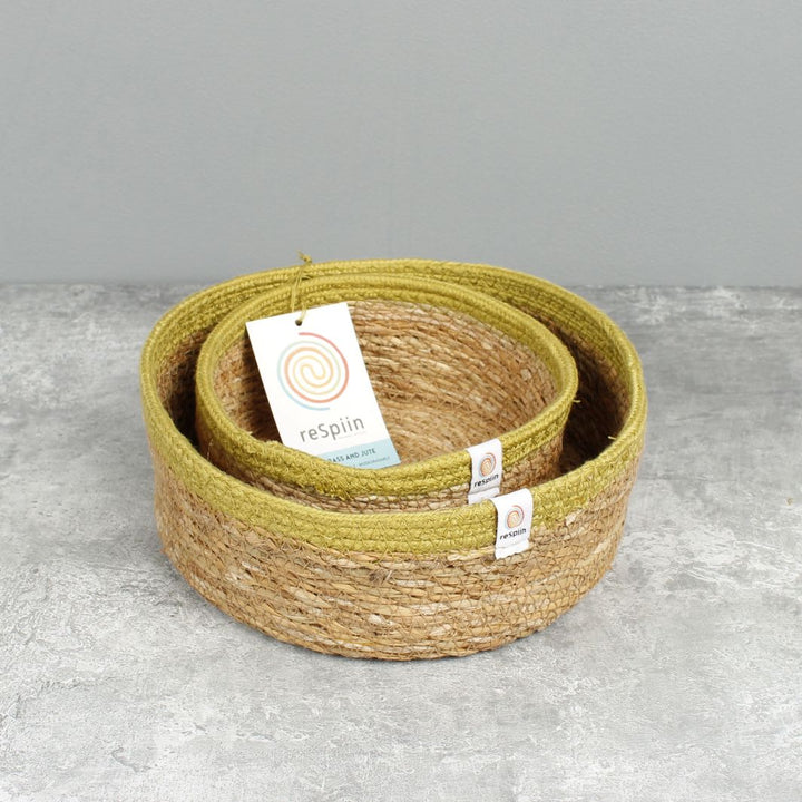 Shallow Seagrass & Jute Basket Set of 2 -  Natural/Green