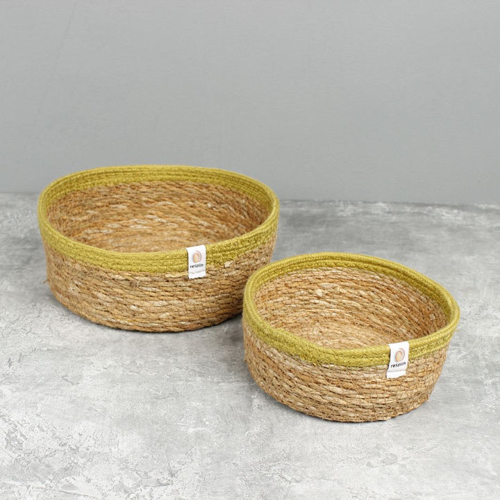 Shallow Seagrass & Jute Basket Set of 2 -  Natural/Green
