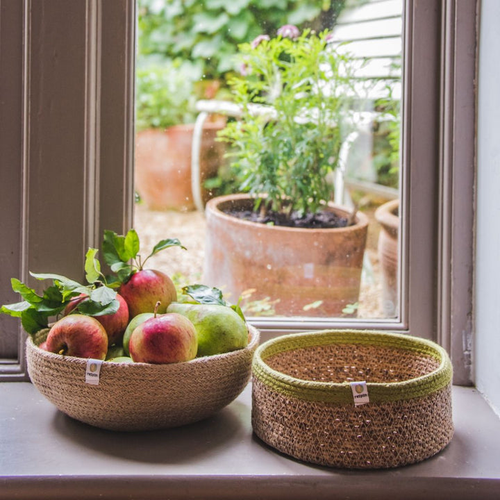 Shallow Seagrass & Jute Basket Set of 2 -  Natural/Green