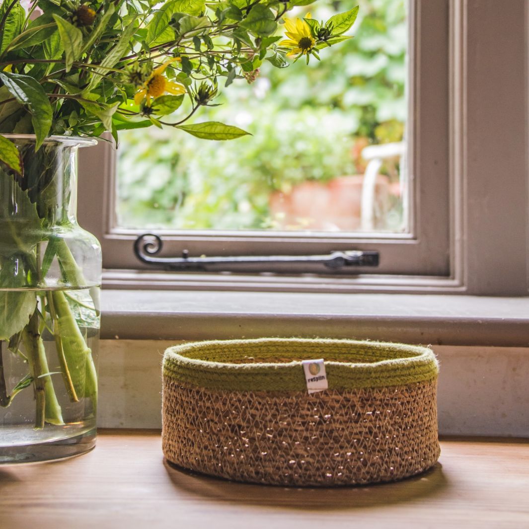 Shallow Seagrass & Jute Basket Set of 2 -  Natural/Green