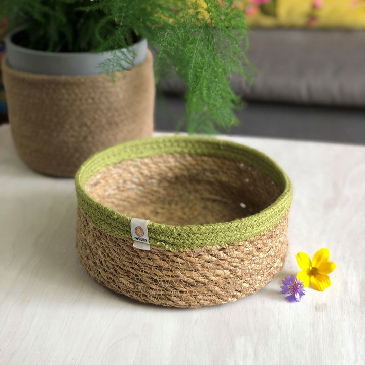 Shallow Seagrass & Jute Basket Set of 2 -  Natural/Green