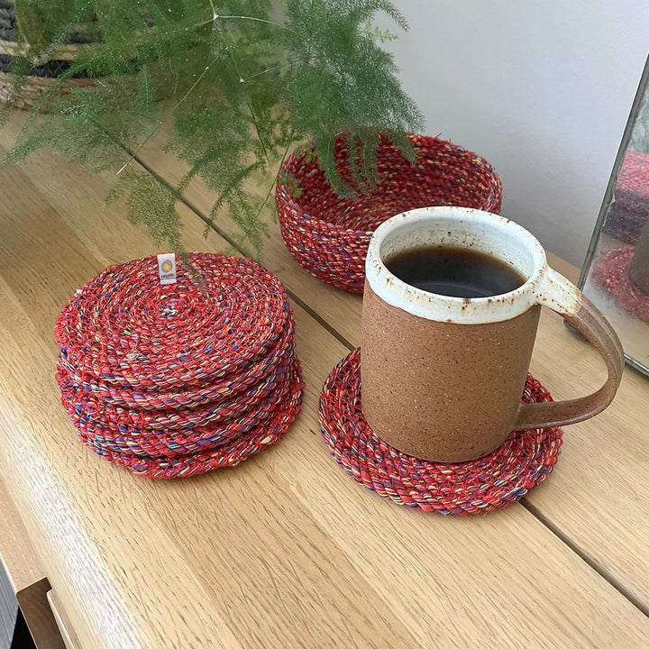 Recycled Cotton Coasters with Holder - Set of 6 – Multicoloured