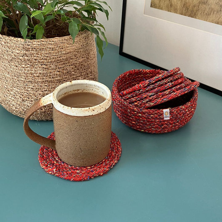 Recycled Cotton Coasters with Holder - Set of 6 – Multicoloured