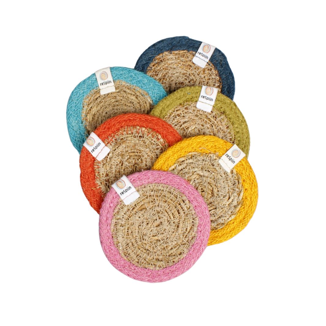 Set of 6 Seagrass & Jute Coasters - Rainbow