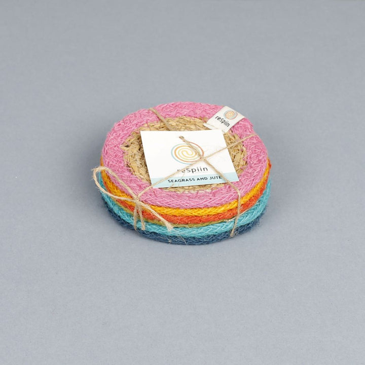 Set of 6 Seagrass & Jute Coasters - Rainbow
