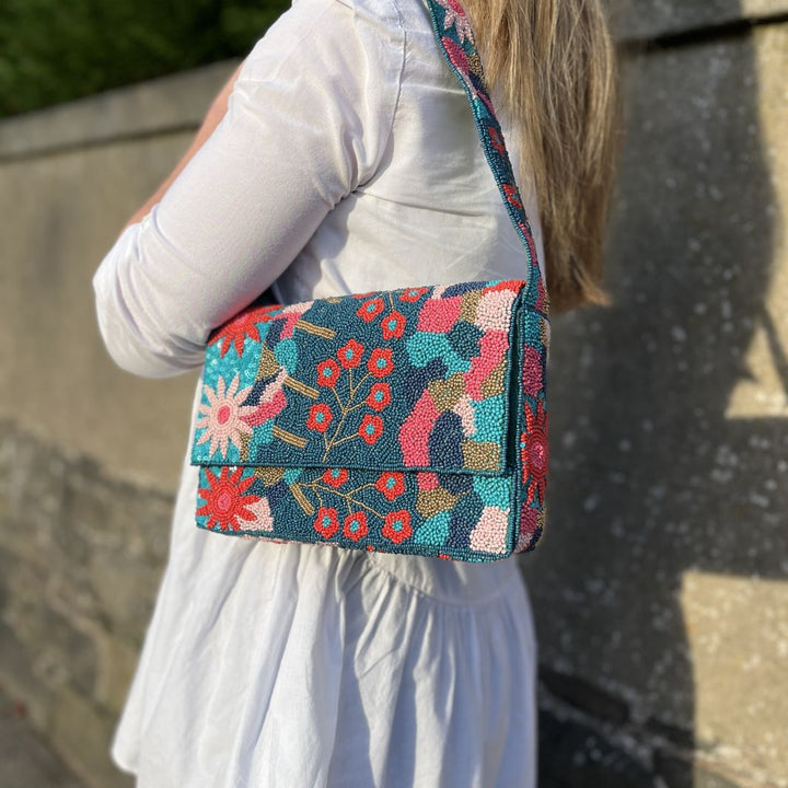 Hand-Beaded Teal Floral Shoulder Bag