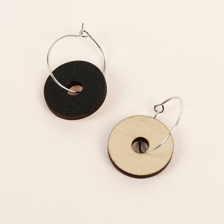 Wooden Disc Hoop Earrings - Black