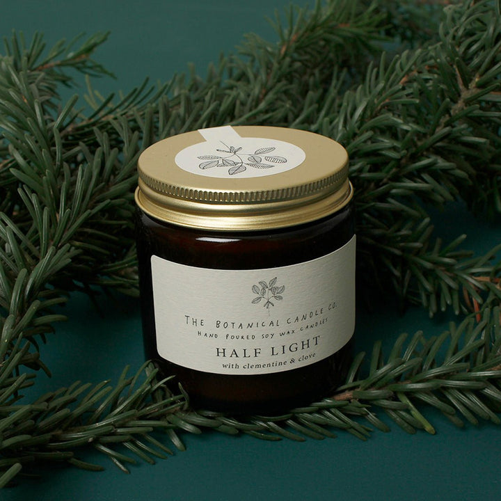 Amber Glass Jar Soy Wax Candle - Half Light - Green Tulip