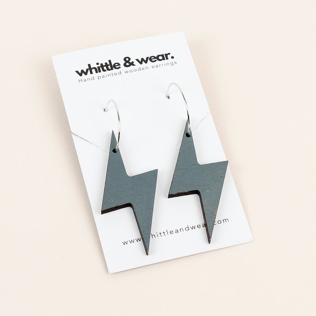 Wooden Lightening Bolt Hoop Earrings - Dark Grey - Green Tulip