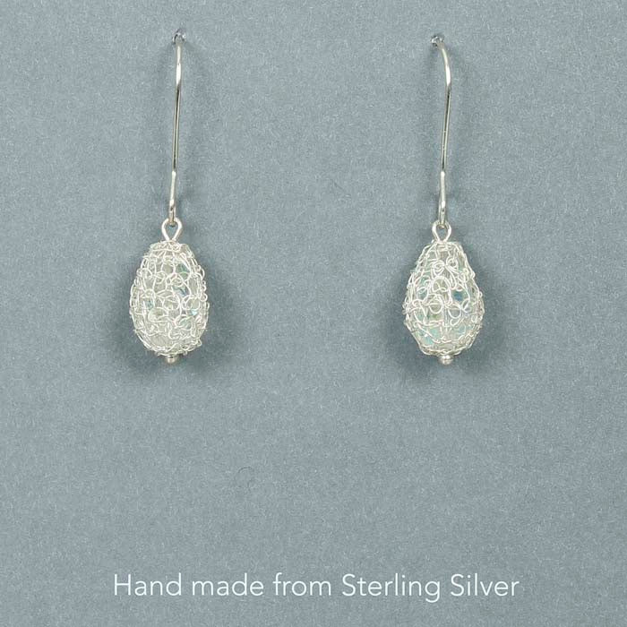 Cristabel Crocheted Silver Pear Drop Earrings