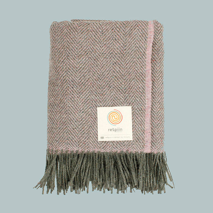 Large Recycled Wool Herringbone Throw with Twisted Fringe - Candyfloss