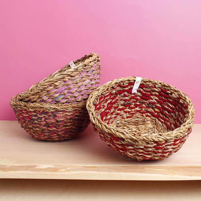 Round Sari & Seagrass Bowl - Fire Colours (Single Bowl)