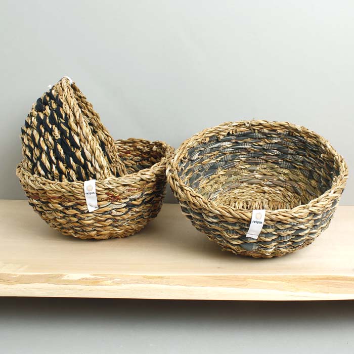 Round Sari & Seagrass Bowl - Greys (Single Bowl)