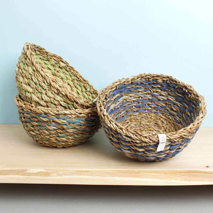 Round Sari & Seagrass Bowl - Ocean Colours (Single Bowl)