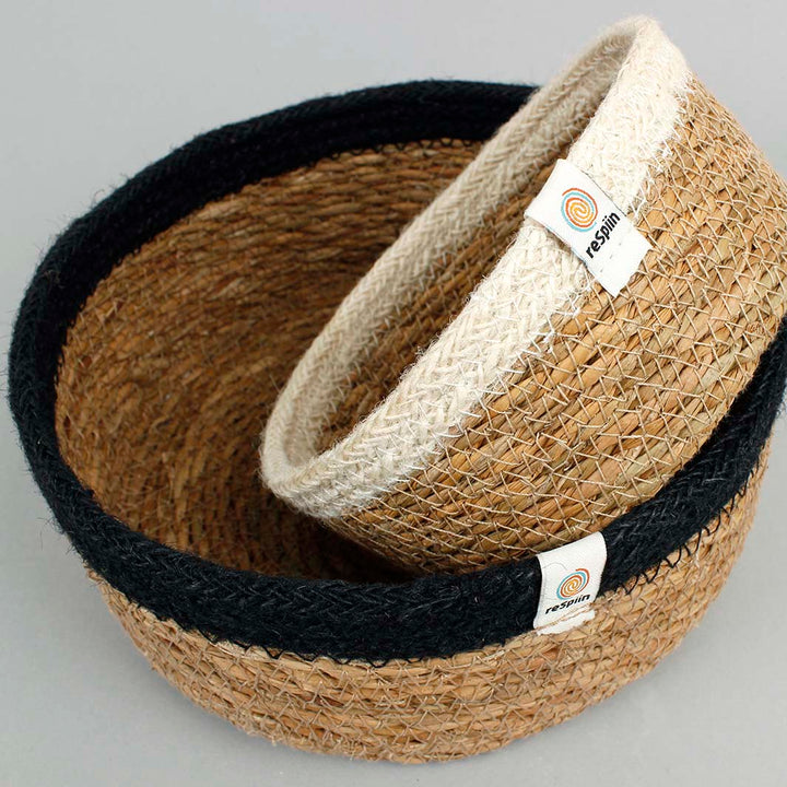 Shallow Seagrass & Jute Basket - Natural/Black - Medium