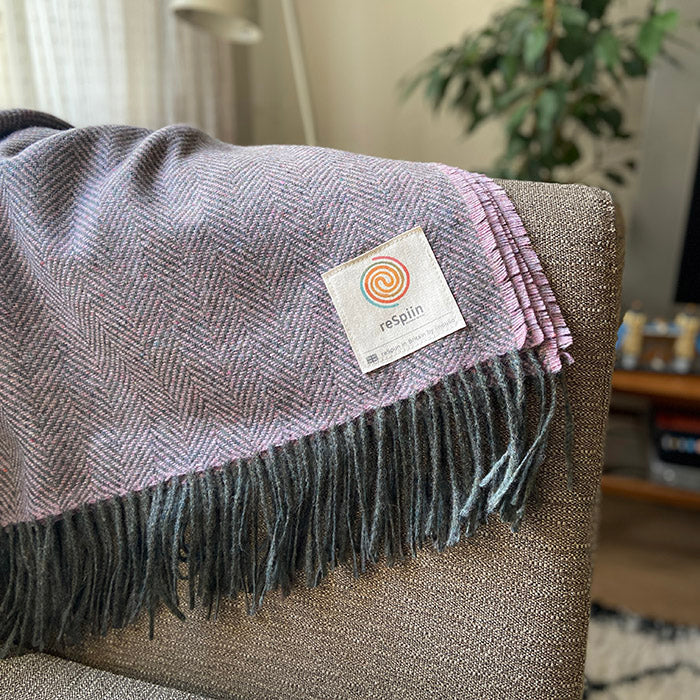 Large Recycled Wool Herringbone Throw with Twisted Fringe - Candyfloss